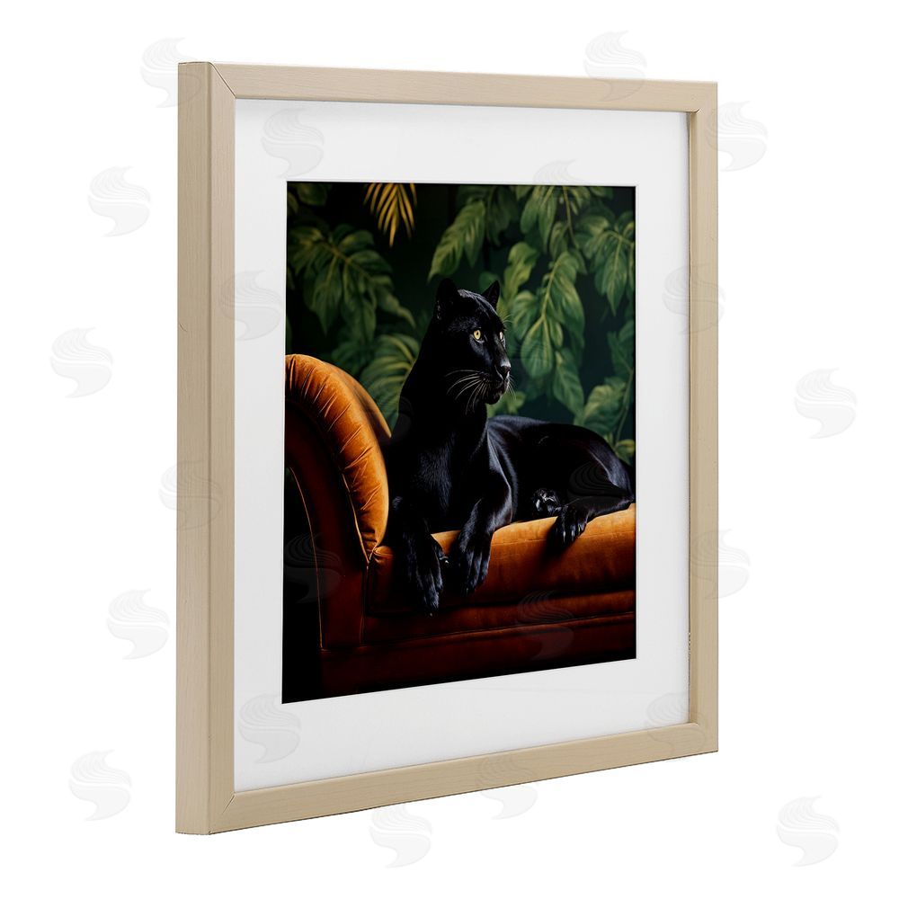Lettered and Lined Majestic Panther on Chaise Brown Framed Print Under Glass Wall Art