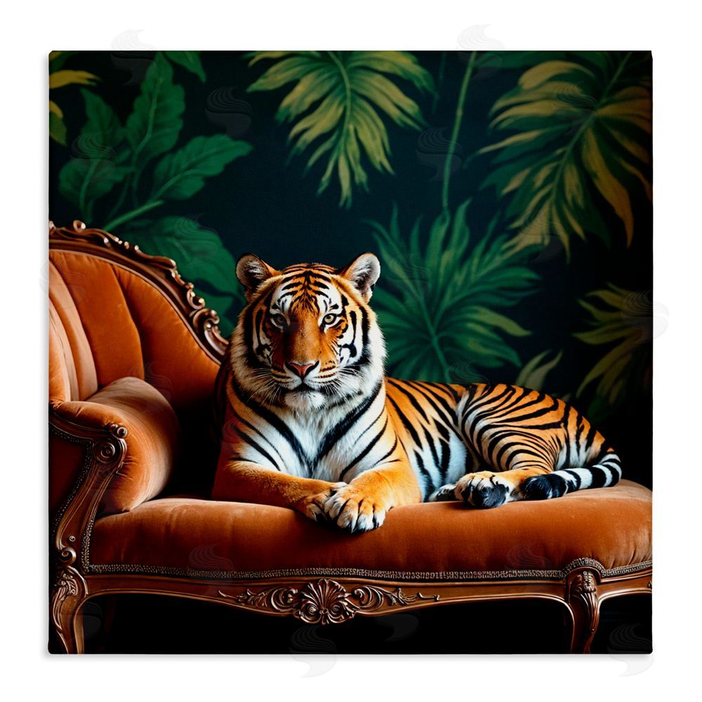 Lettered and Lined Tiger Lounging on Chaise Stretched Canvas Wall Art Print
