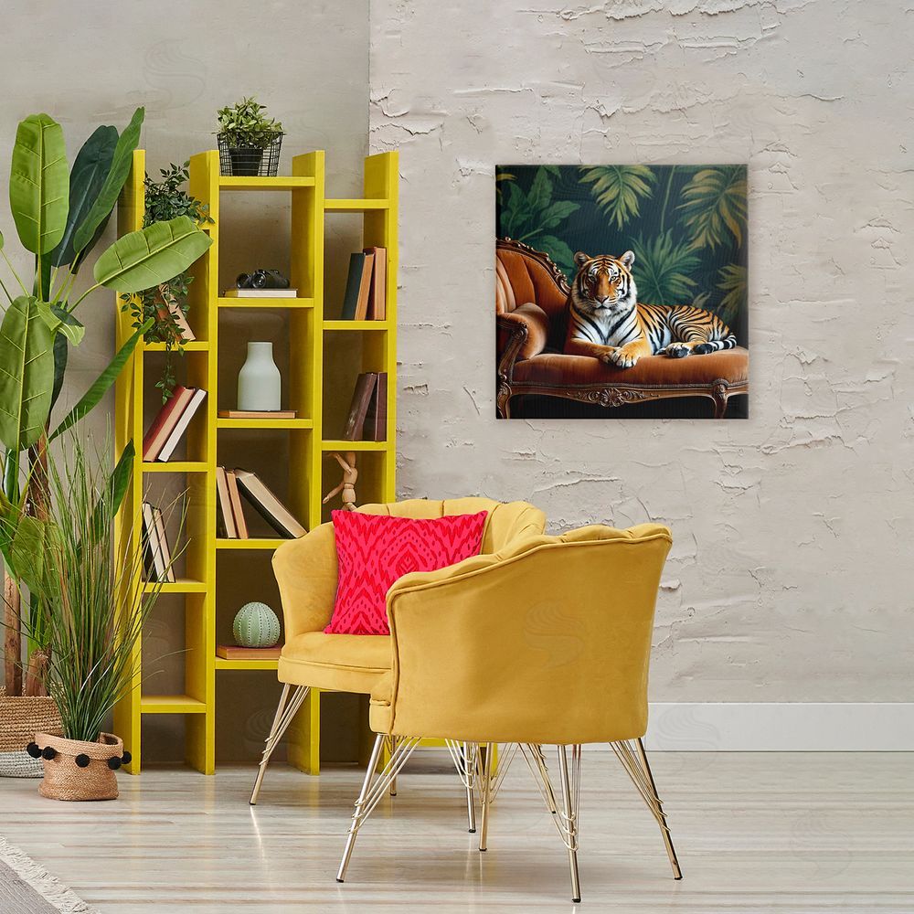 Lettered and Lined Tiger Lounging on Chaise Stretched Canvas Wall Art Print in Room