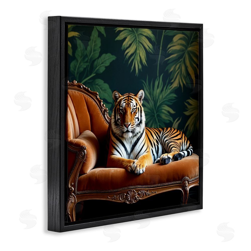 Lettered and Lined Tiger Lounging on Chaise Black Floating Frame Canvas Wall Art Print