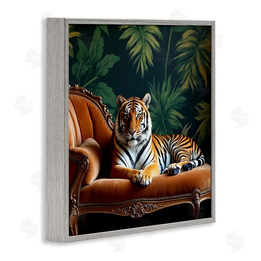 Lettered and Lined Tiger Lounging on Chaise Gray Framed Giclee Print Wall Art