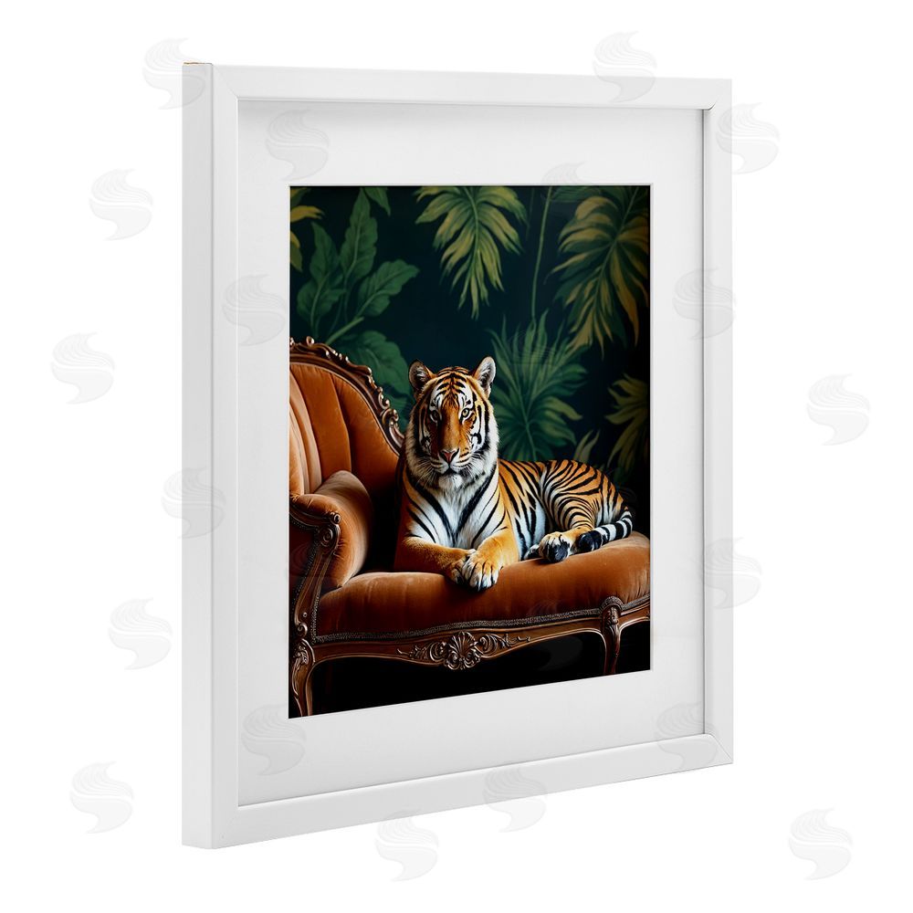 Lettered and Lined Tiger Lounging on Chaise White Framed Print Under Glass Wall Art