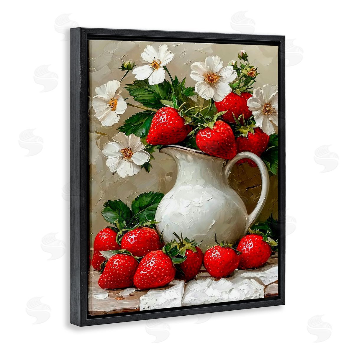Lettered and Lined Painterly Strawberries Still Life Black Floating Frame Canvas Wall Art Print