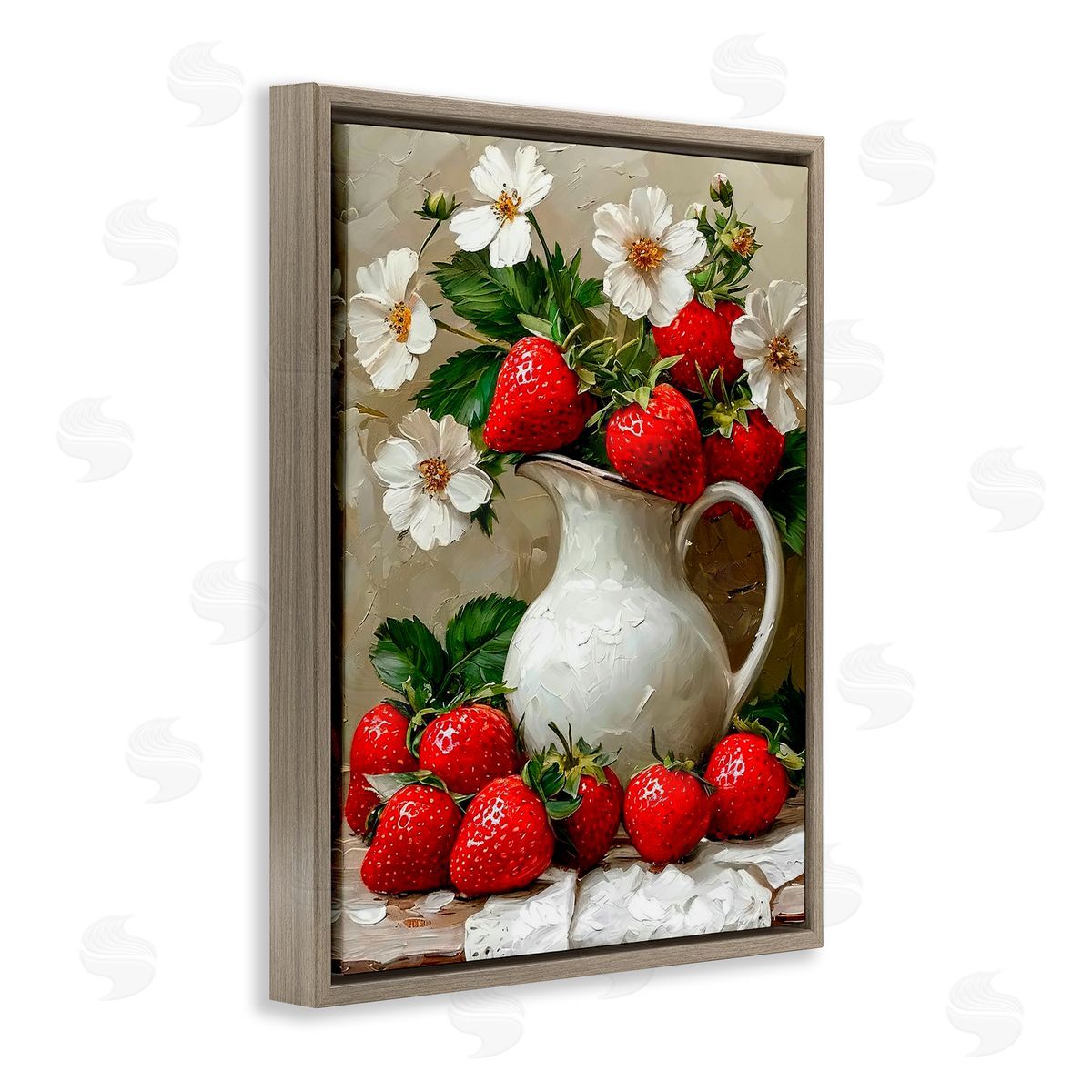 Lettered and Lined Painterly Strawberries Still Life Brown Floating Frame Canvas Wall Art Print