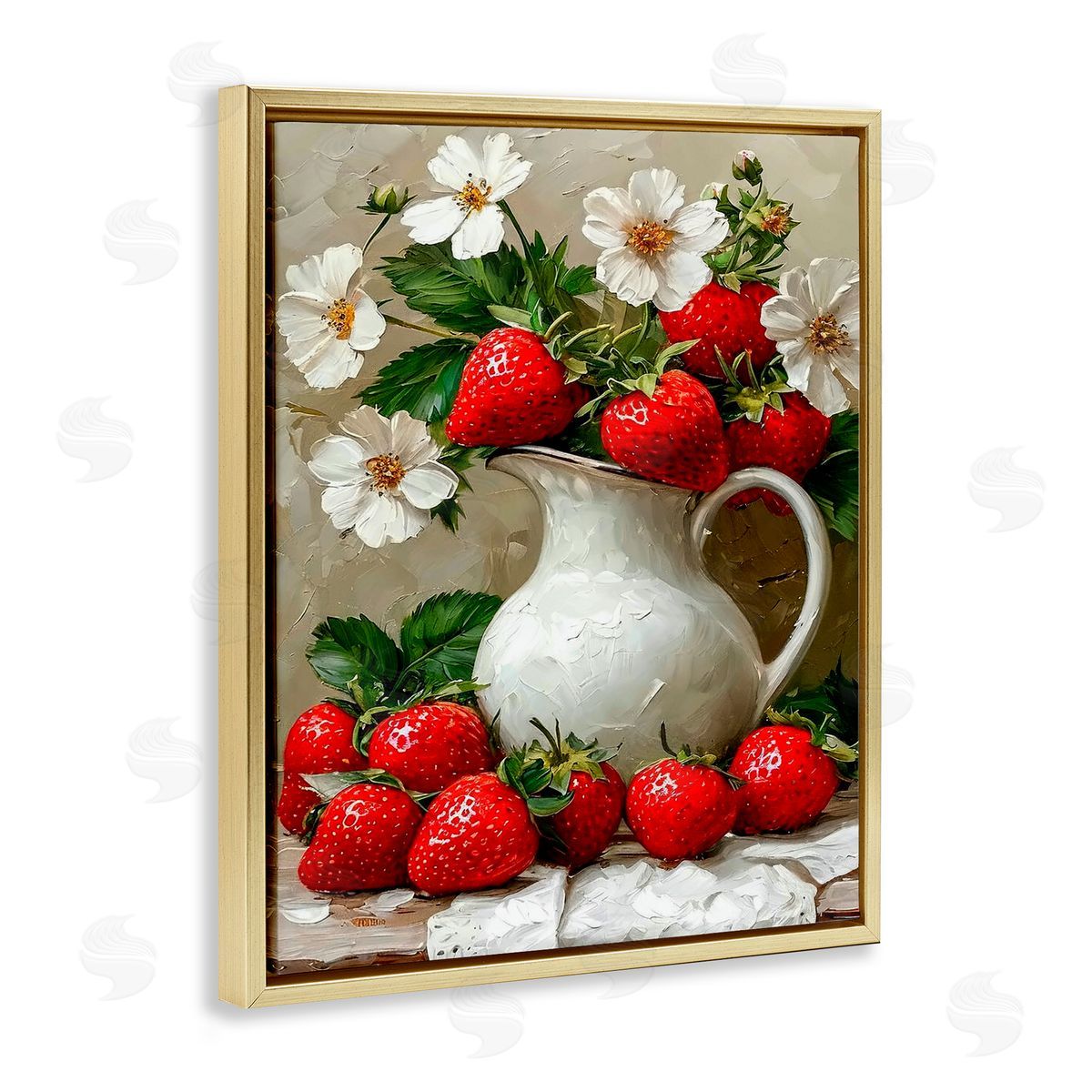 Lettered and Lined Painterly Strawberries Still Life Gold Floating Frame Canvas Wall Art Print
