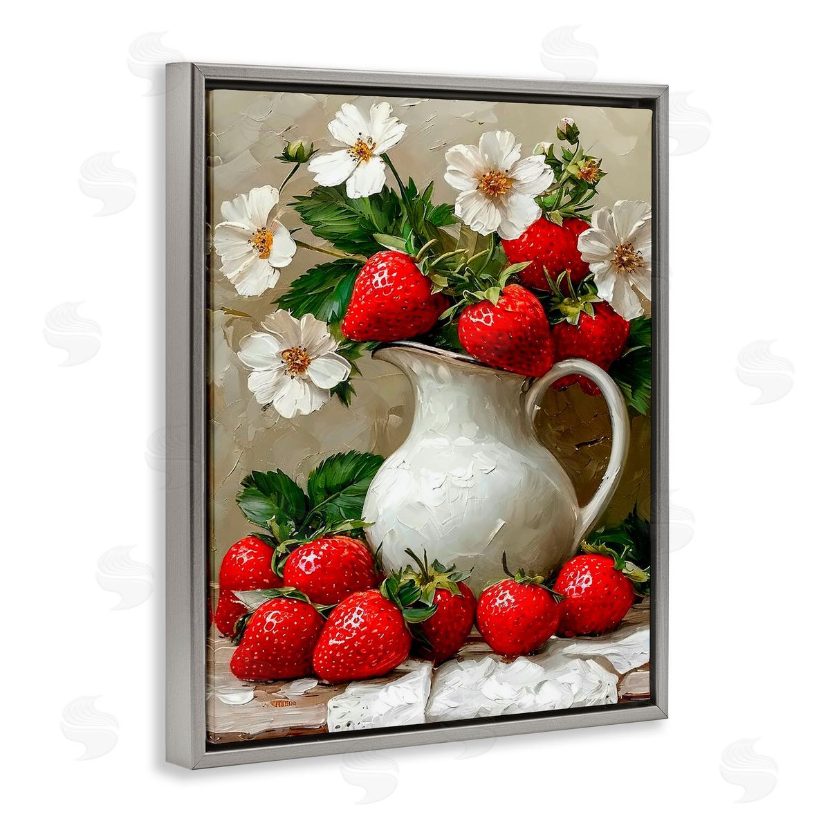 Lettered and Lined Painterly Strawberries Still Life Gray Floating Frame Canvas Wall Art Print