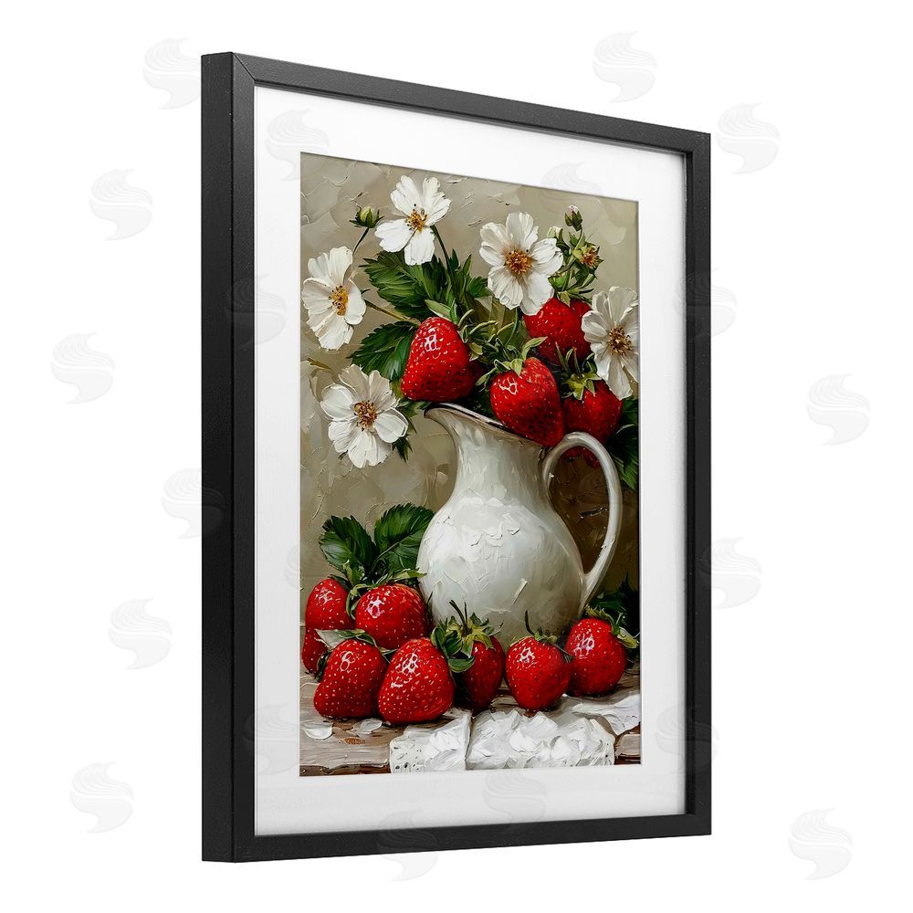 Lettered and Lined Painterly Strawberries Still Life Black Framed Print Under Glass Wall Art