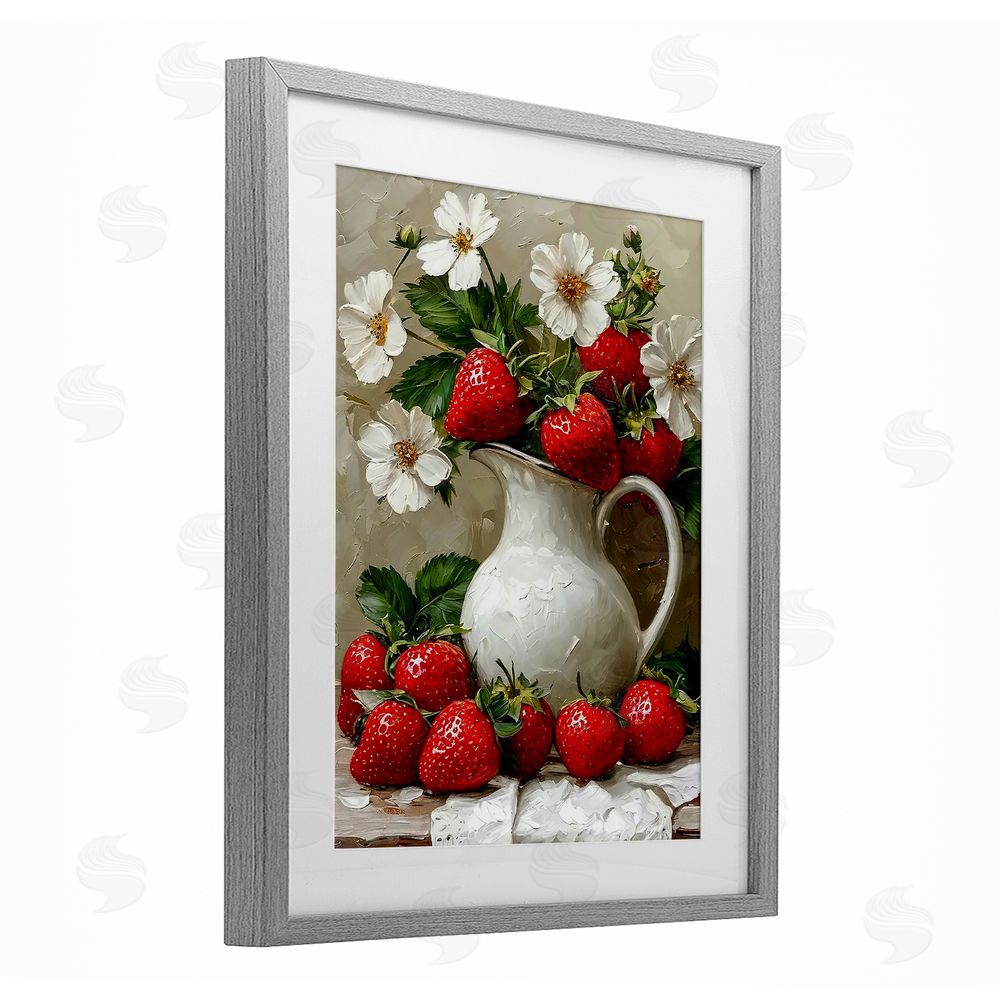 Lettered and Lined Painterly Strawberries Still Life Gray Framed Print Under Glass Wall Art
