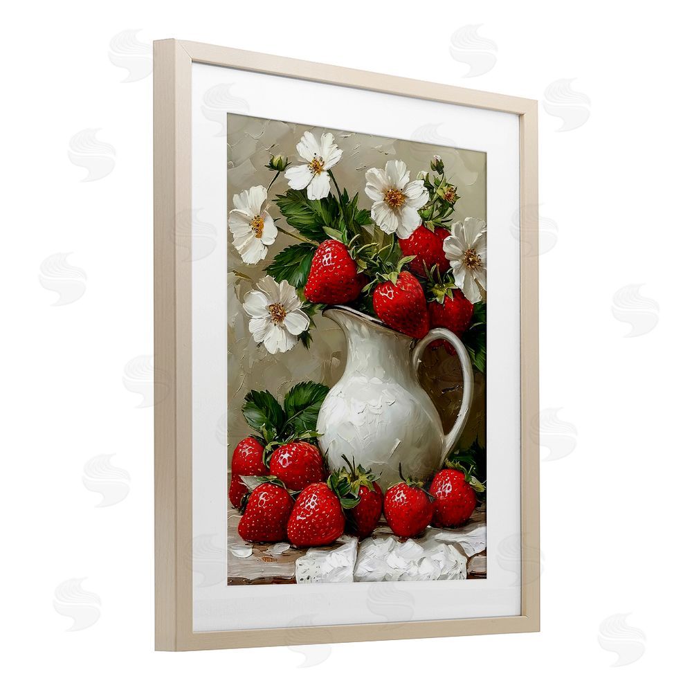 Lettered and Lined Painterly Strawberries Still Life Brown Framed Print Under Glass Wall Art