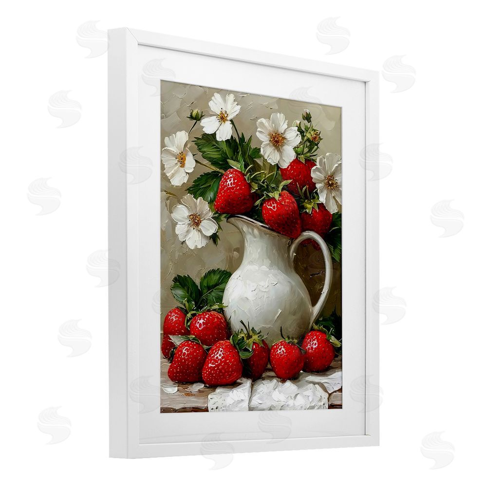 Lettered and Lined Painterly Strawberries Still Life White Framed Print Under Glass Wall Art