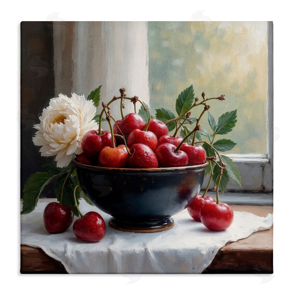 Lettered and Lined Cherry & Blossom Still Life Stretched Canvas Wall Art Print