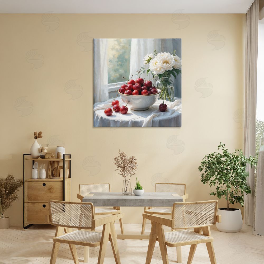 Lettered and Lined Cherries & Flowers Still Life Stretched Canvas Wall Art Print in Room