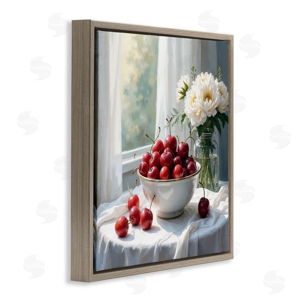 Lettered and Lined Cherries & Flowers Still Life Brown Floating Frame Canvas Wall Art Print