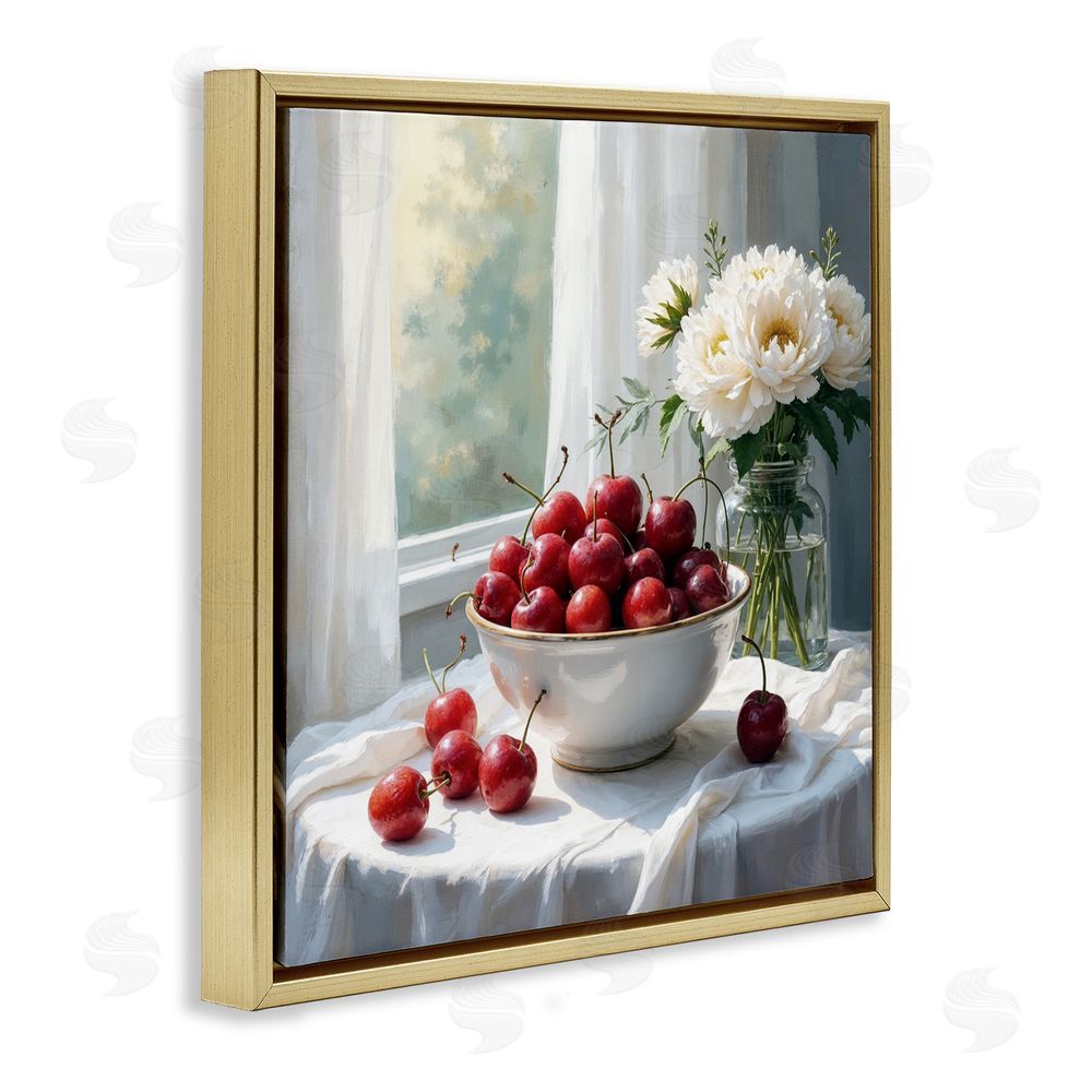 Lettered and Lined Cherries & Flowers Still Life Gold Floating Frame Canvas Wall Art Print