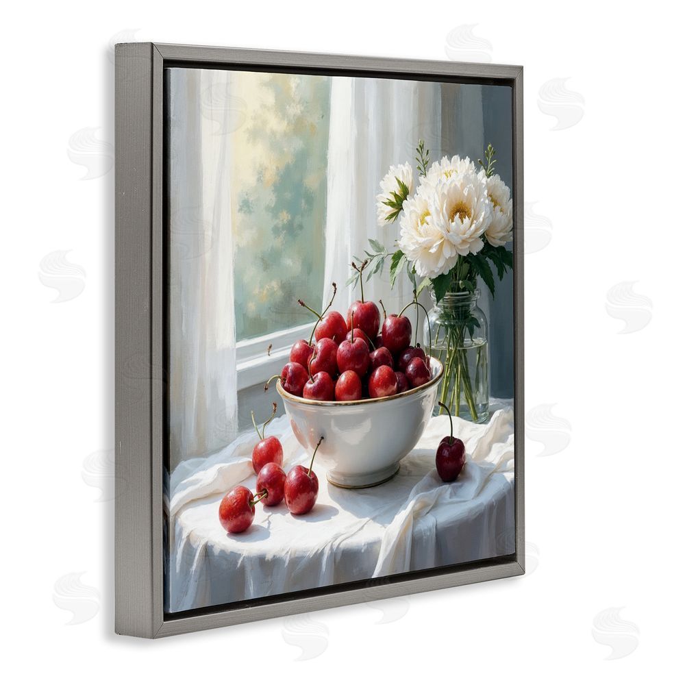 Lettered and Lined Cherries & Flowers Still Life Gray Floating Frame Canvas Wall Art Print