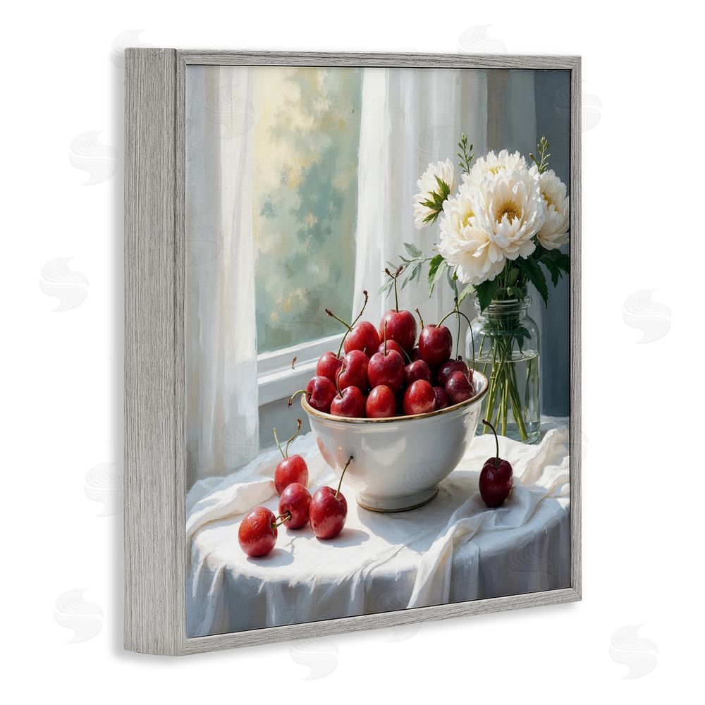 Lettered and Lined Cherries & Flowers Still Life Gray Framed Giclee Print Wall Art