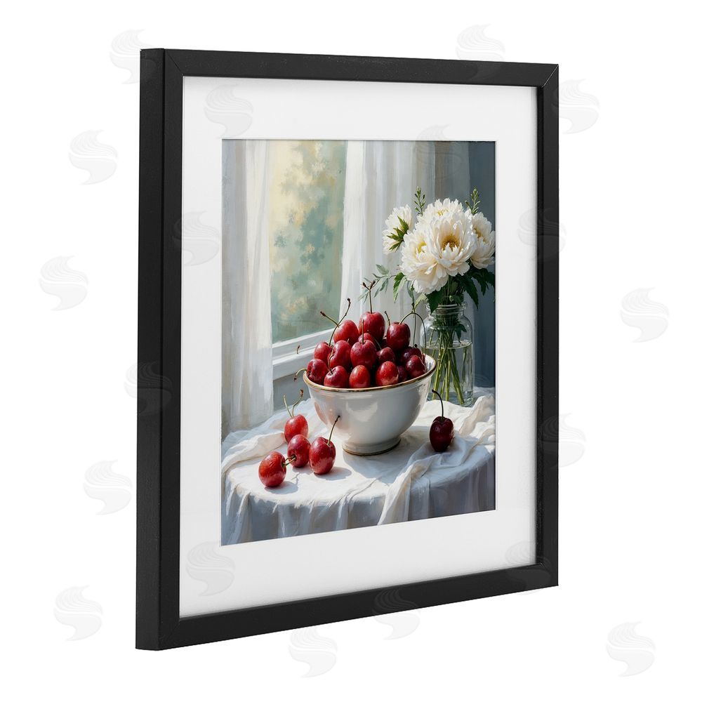 Lettered and Lined Cherries & Flowers Still Life Black Framed Print Under Glass Wall Art