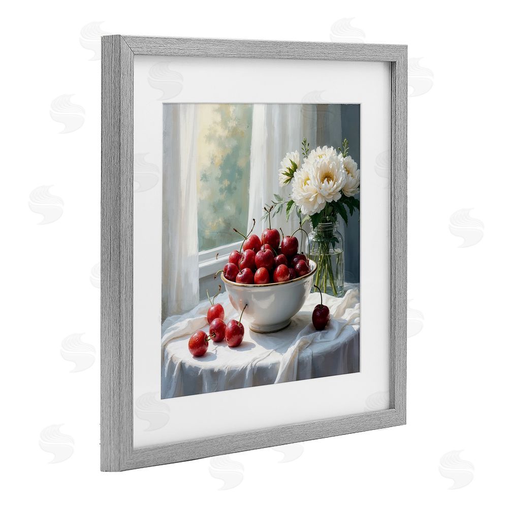 Lettered and Lined Cherries & Flowers Still Life Gray Framed Print Under Glass Wall Art