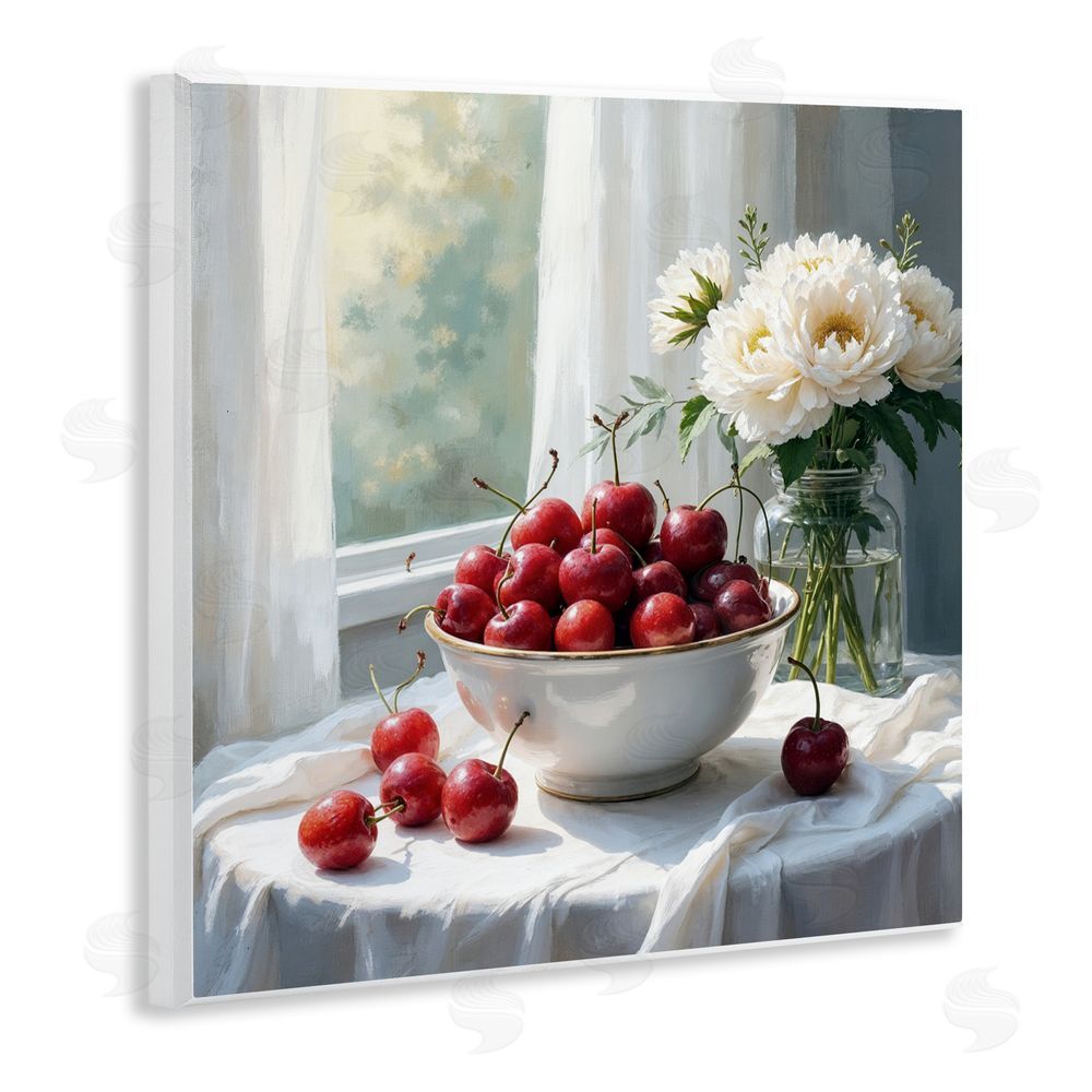 Lettered and Lined Cherries & Flowers Still Life Wooden Wall Plaque Art Print