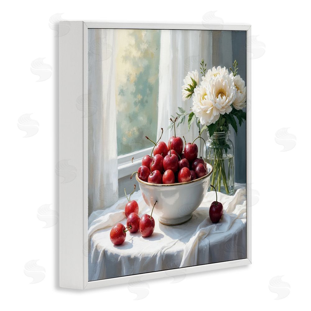 Lettered and Lined Cherries & Flowers Still Life White Framed Giclee Print Wall Art
