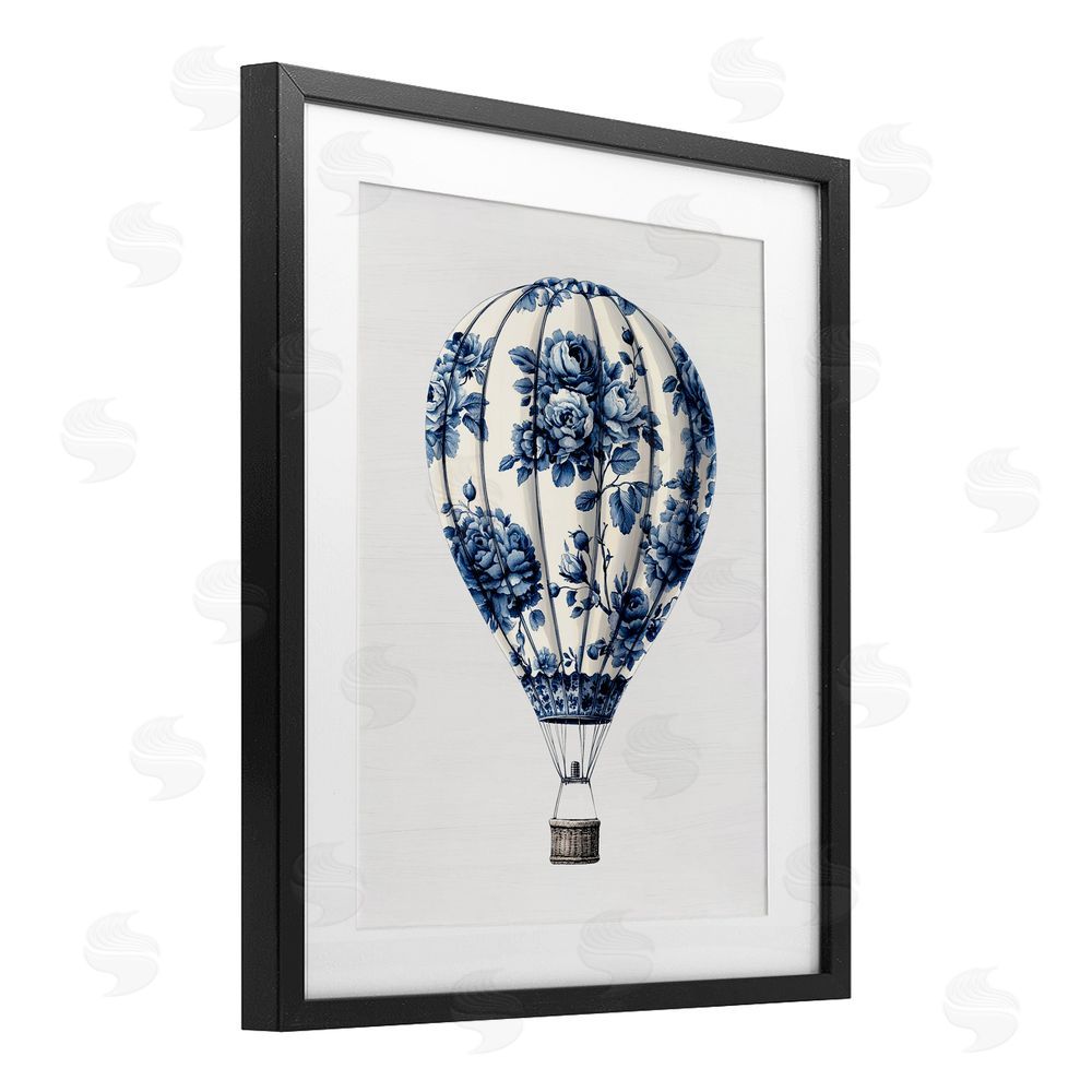 Lettered and Lined Vintage Toile Hot Air Balloon Black Framed Print Under Glass Wall Art