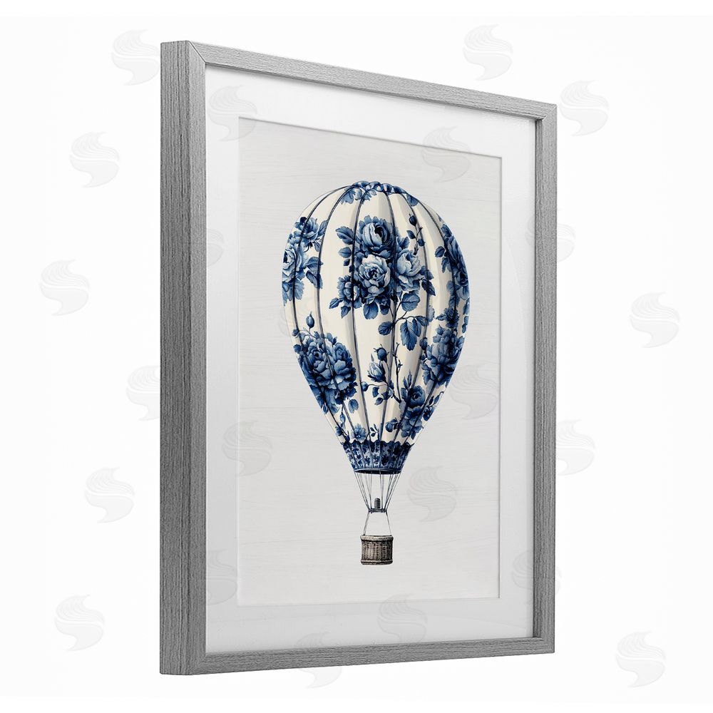 Lettered and Lined Vintage Toile Hot Air Balloon Gray Framed Print Under Glass Wall Art