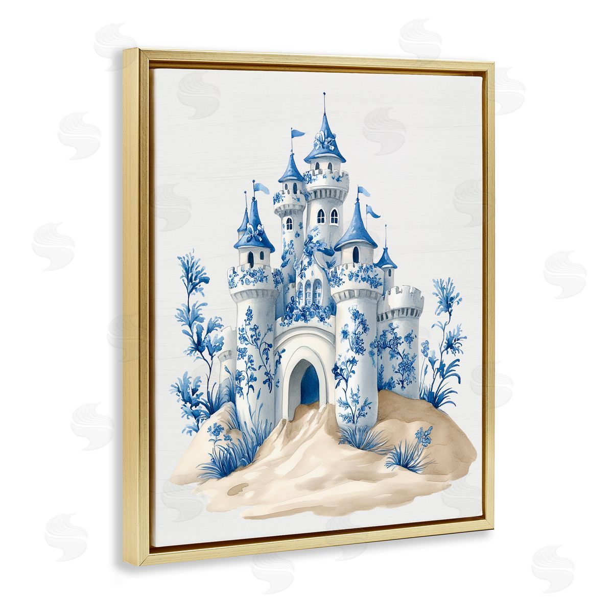Lettered and Lined Funky Toile Castle Gold Floating Frame Canvas Wall Art Print
