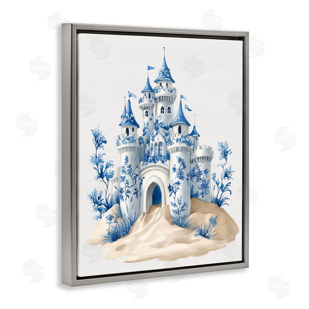 Lettered and Lined Funky Toile Castle Gray Floating Frame Canvas Wall Art Print
