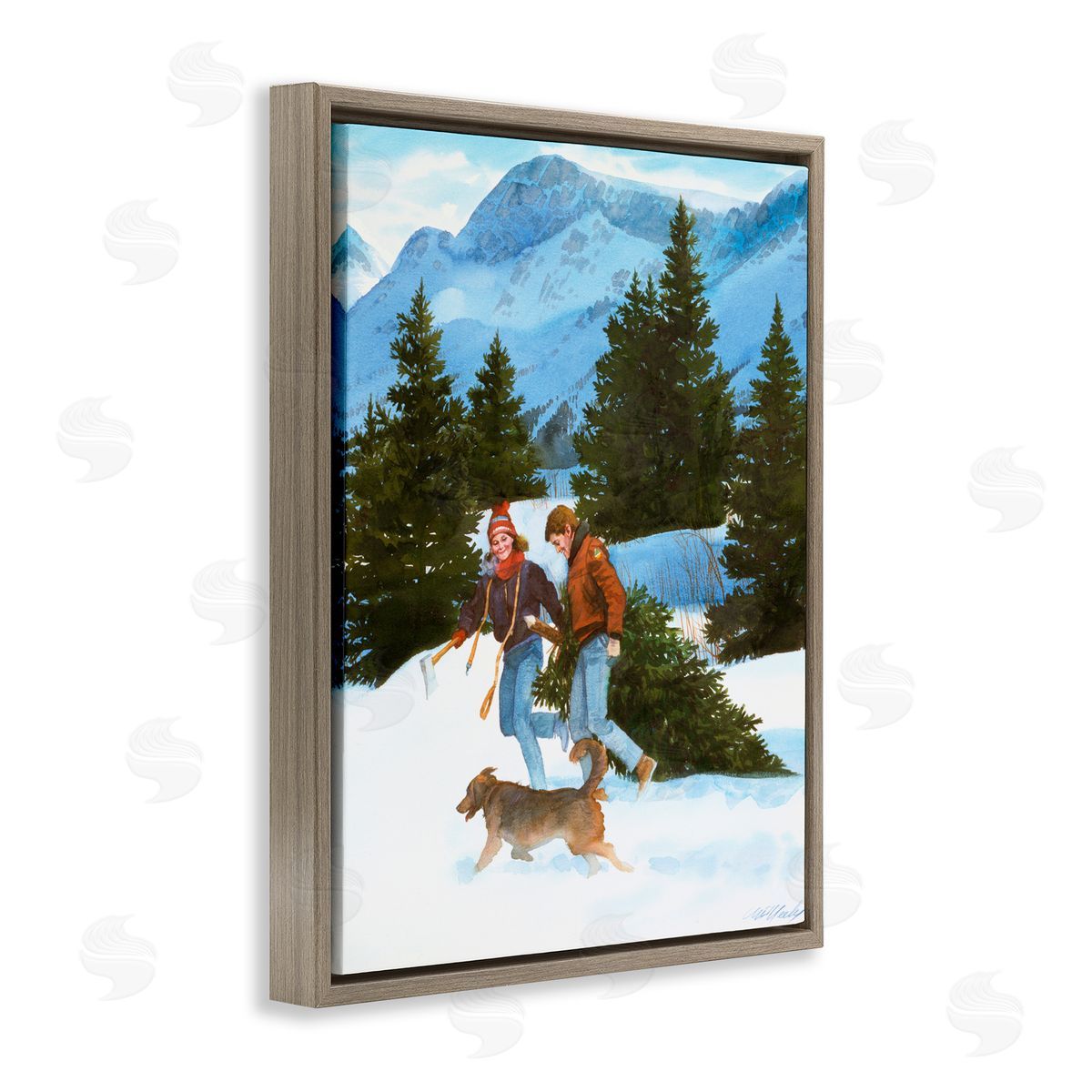 Wind River Studios Couple Bringing Home Tree Brown Floating Frame Canvas Wall Art Print