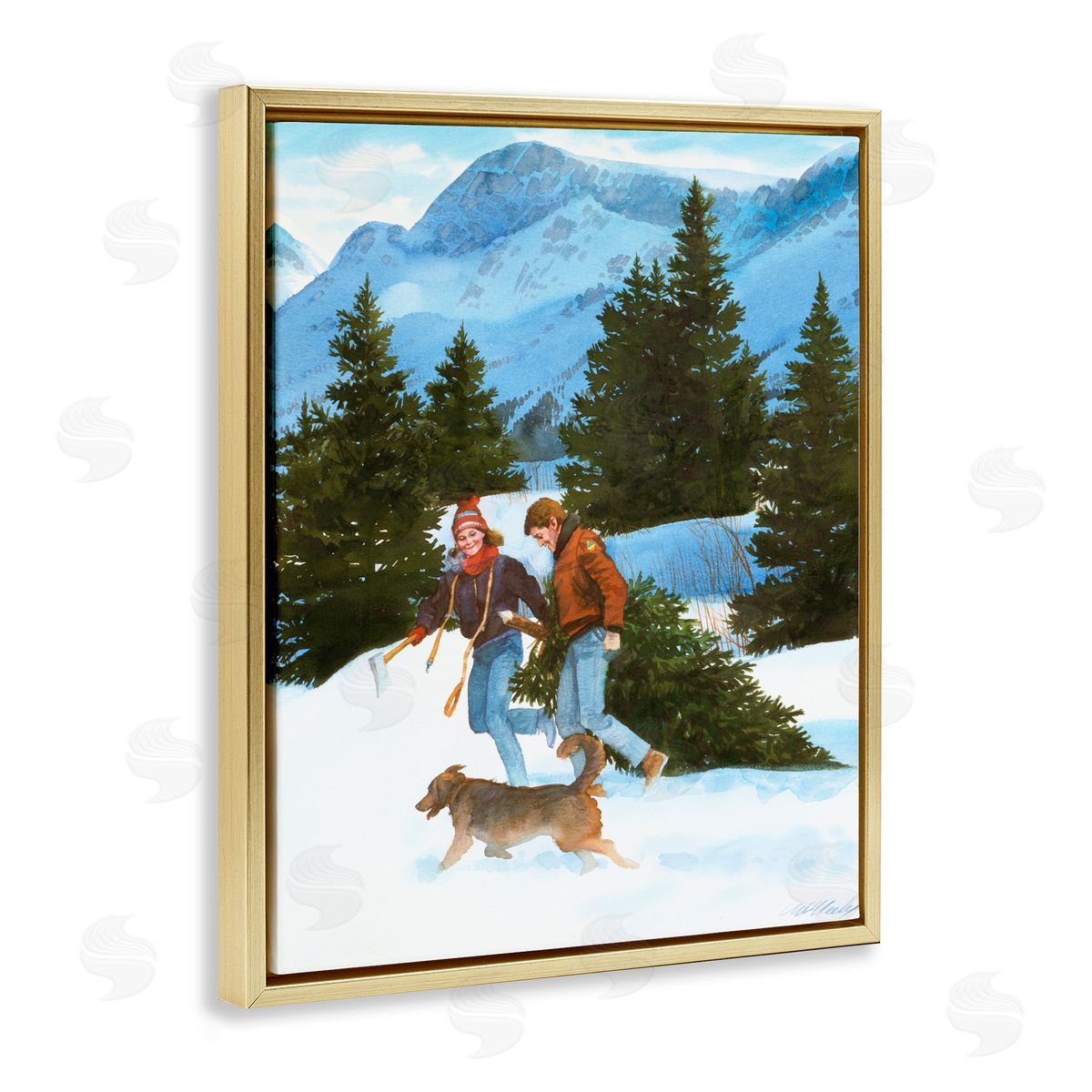Wind River Studios Couple Bringing Home Tree Gold Floating Frame Canvas Wall Art Print