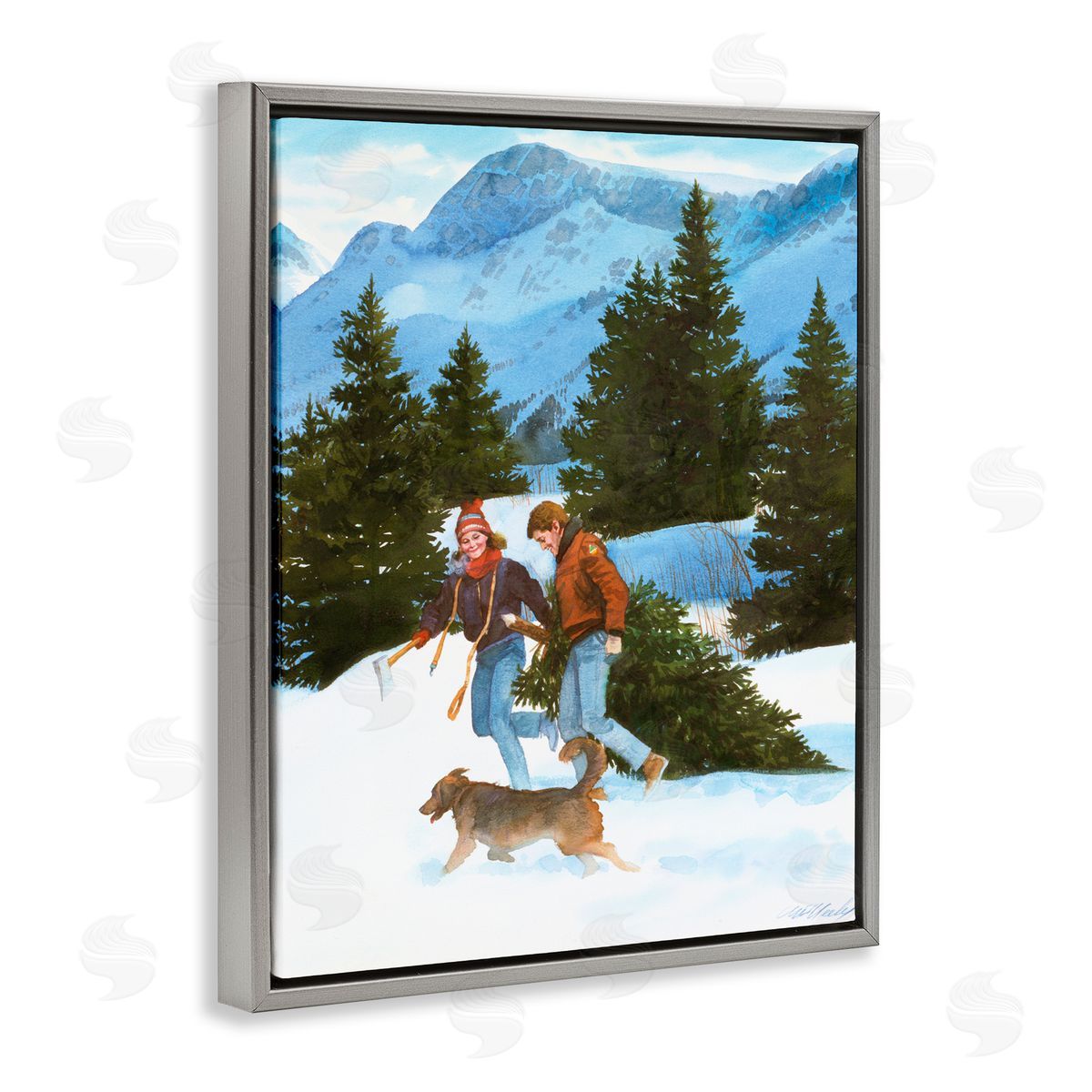 Wind River Studios Couple Bringing Home Tree Gray Floating Frame Canvas Wall Art Print