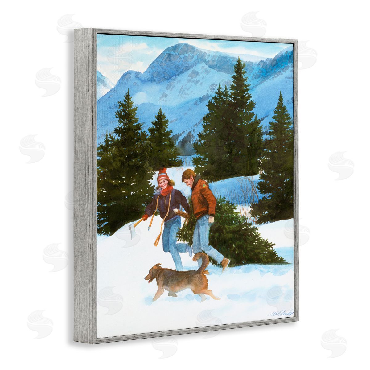 Wind River Studios Couple Bringing Home Tree Gray Framed Giclee Print Wall Art