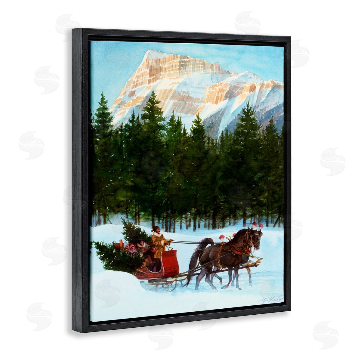Wind River Studios Sleigh Ride Carrying Trees Black Floating Frame Canvas Wall Art Print