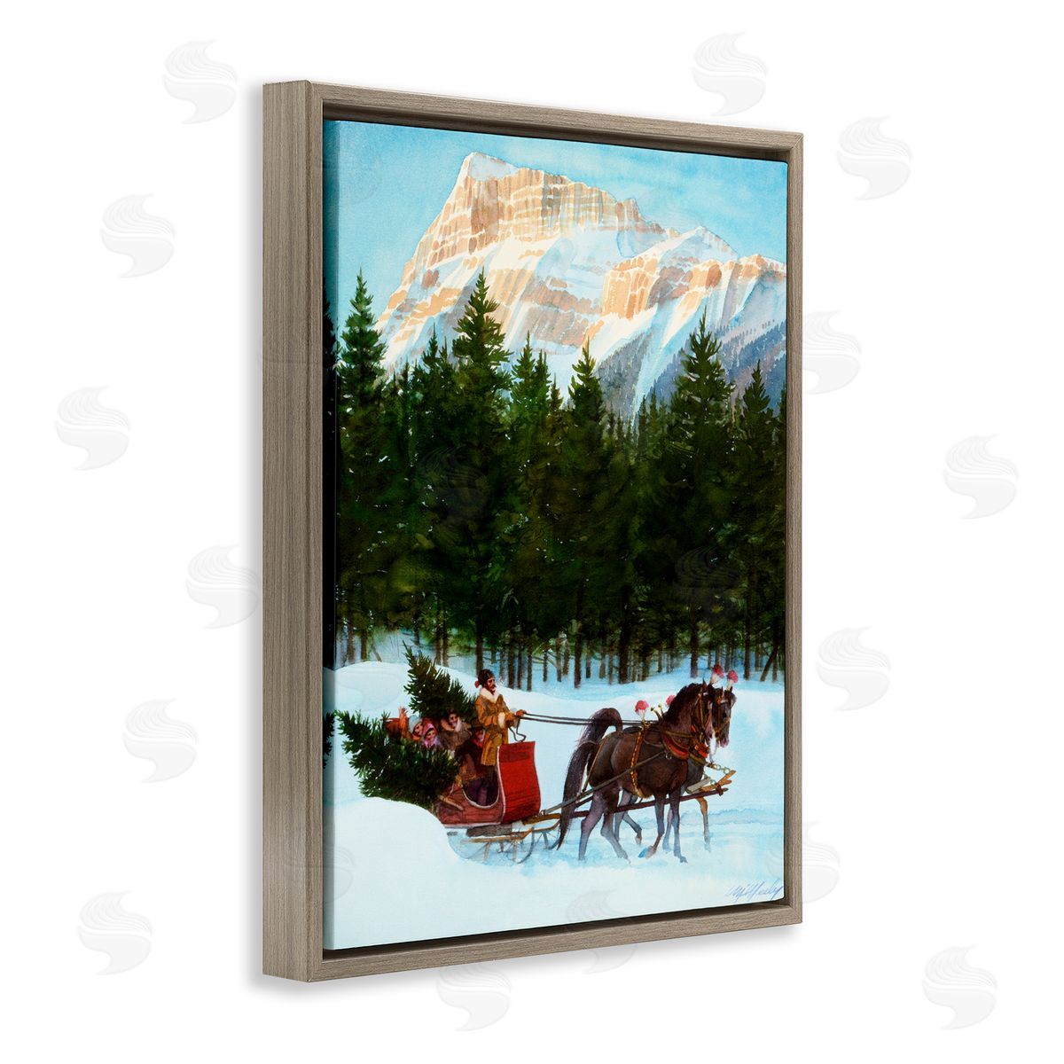 Wind River Studios Sleigh Ride Carrying Trees Brown Floating Frame Canvas Wall Art Print