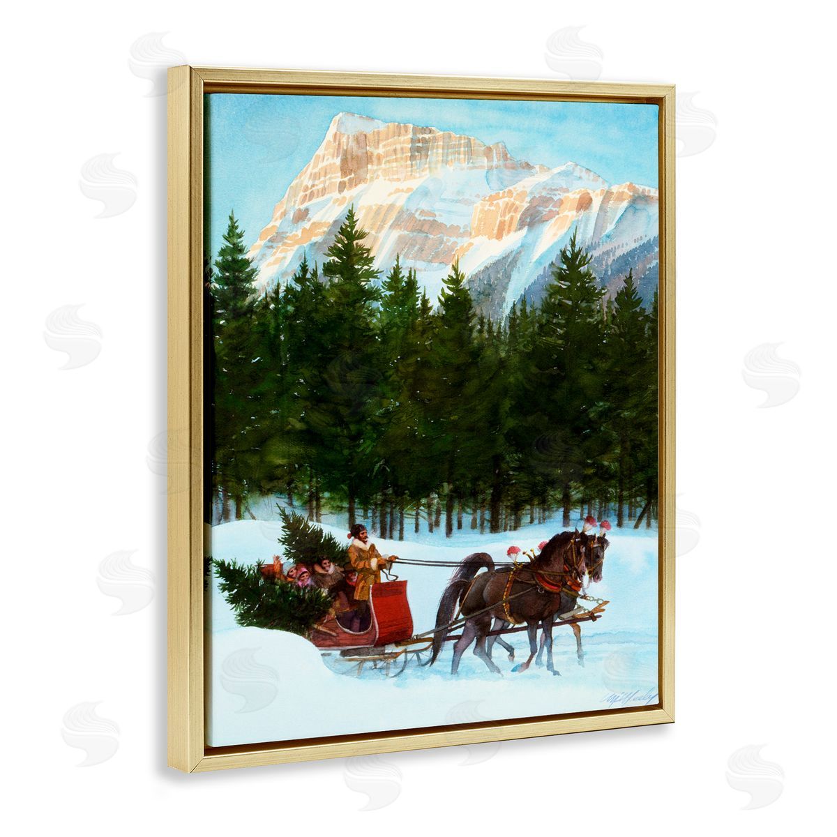 Wind River Studios Sleigh Ride Carrying Trees Gold Floating Frame Canvas Wall Art Print