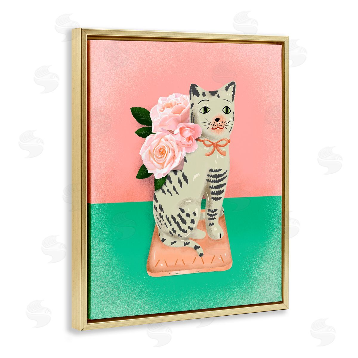 Jilly Jack Designs Vintage Cat Sculpture Pink & Green Canvas Wall Art Print