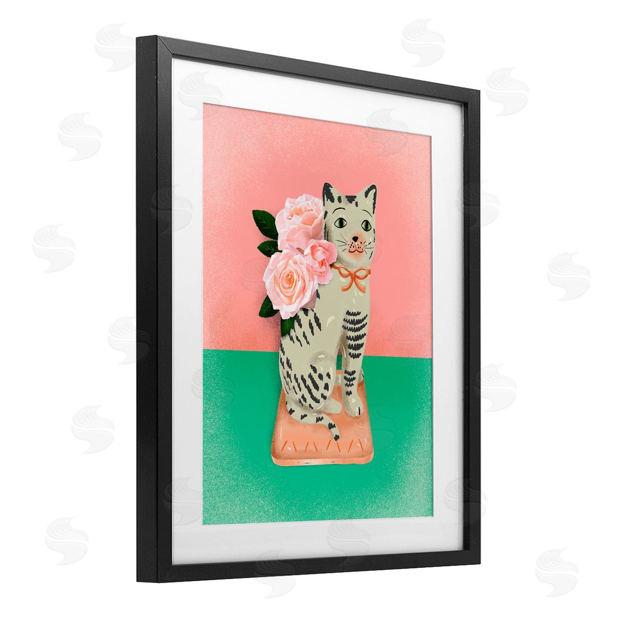 Jilly Jack Designs Vintage Cat Sculpture Pink & Green Canvas Wall Art Print