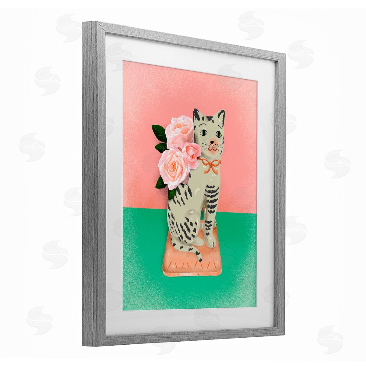 Jilly Jack Designs Vintage Cat Sculpture Pink & Green Canvas Wall Art Print