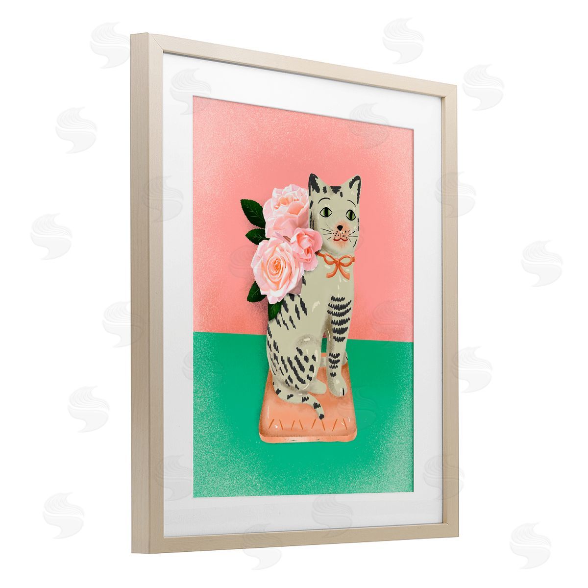 Jilly Jack Designs Vintage Cat Sculpture Pink & Green Canvas Wall Art Print