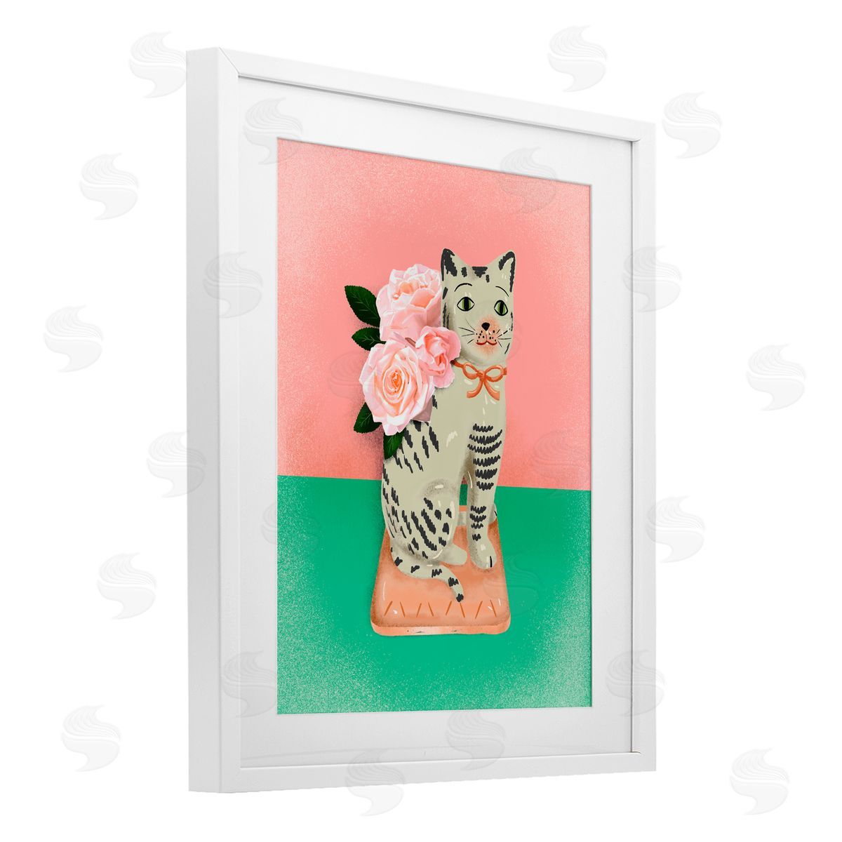 Jilly Jack Designs Vintage Cat Sculpture Pink & Green Canvas Wall Art Print