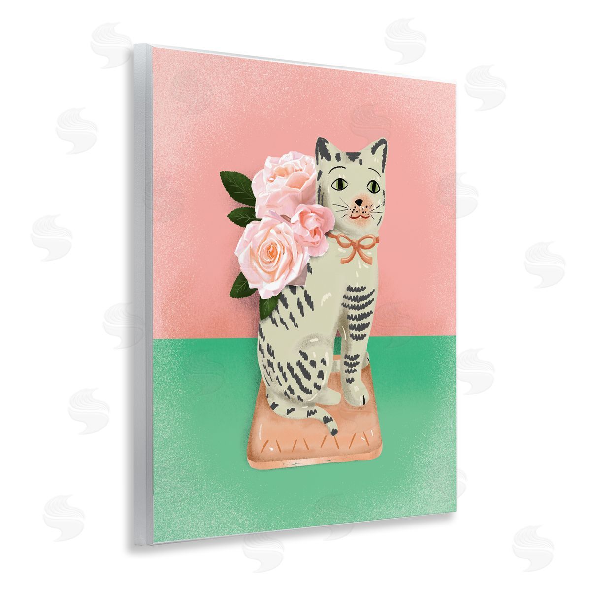 Jilly Jack Designs Vintage Cat Sculpture Pink & Green Canvas Wall Art Print