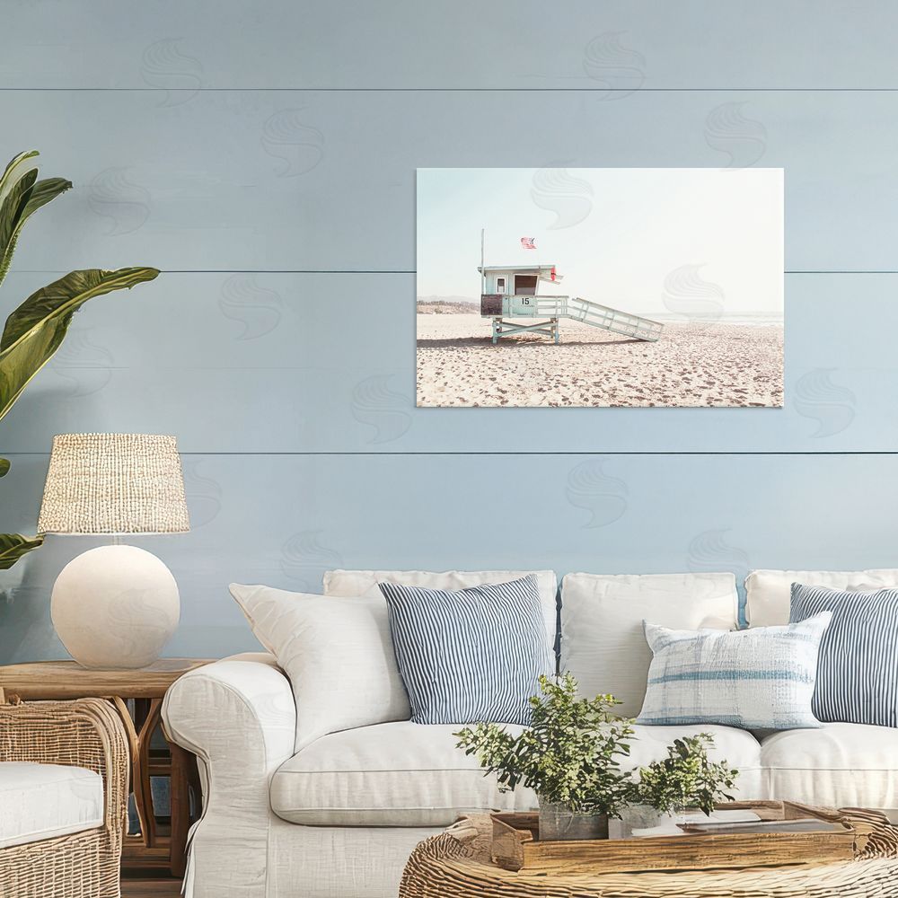 Sisi and Seb Lifeguard Hut Sunny Day Stretched Canvas Wall Art Print in Room