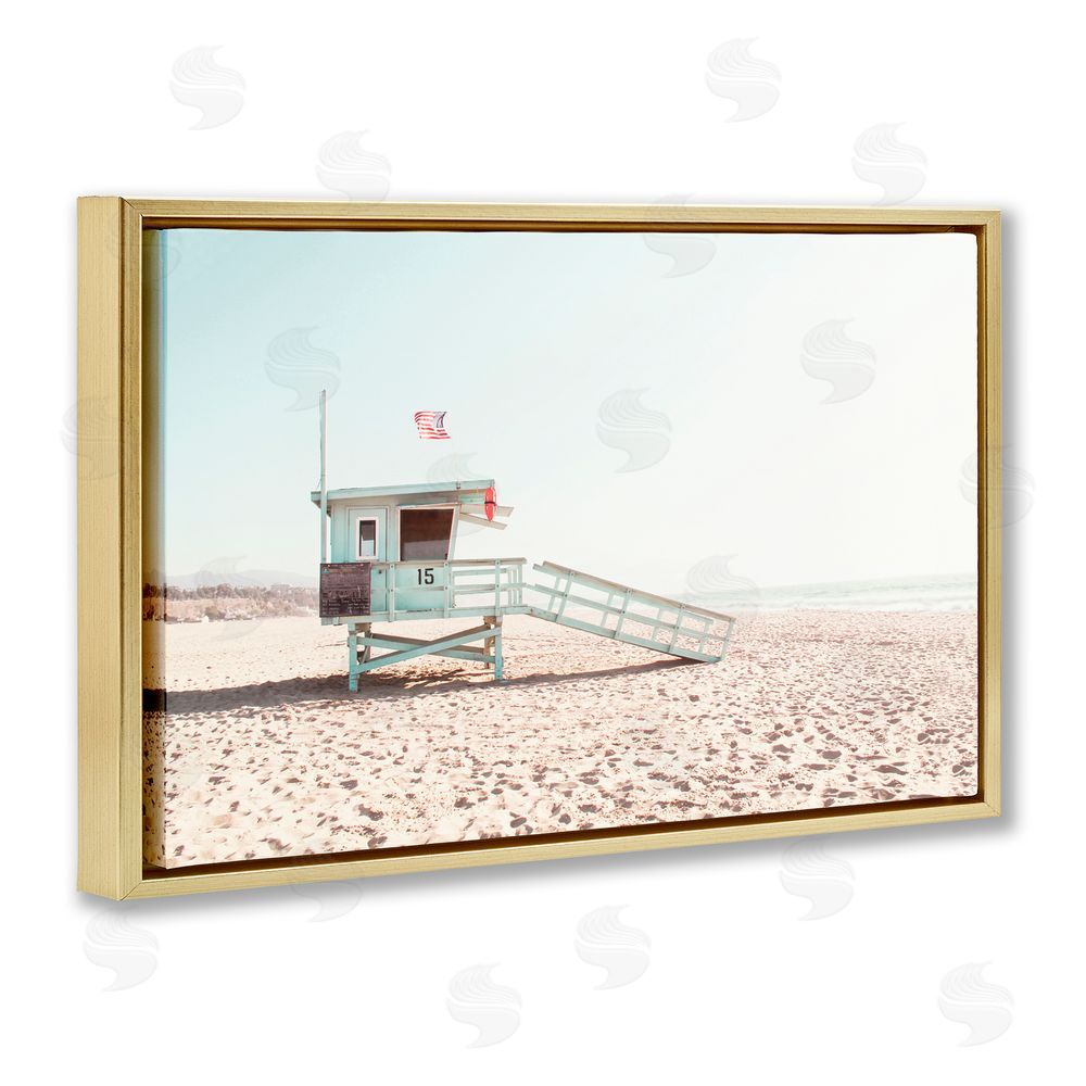 Sisi and Seb Lifeguard Hut Sunny Day Gold Floating Frame Canvas Wall Art Print