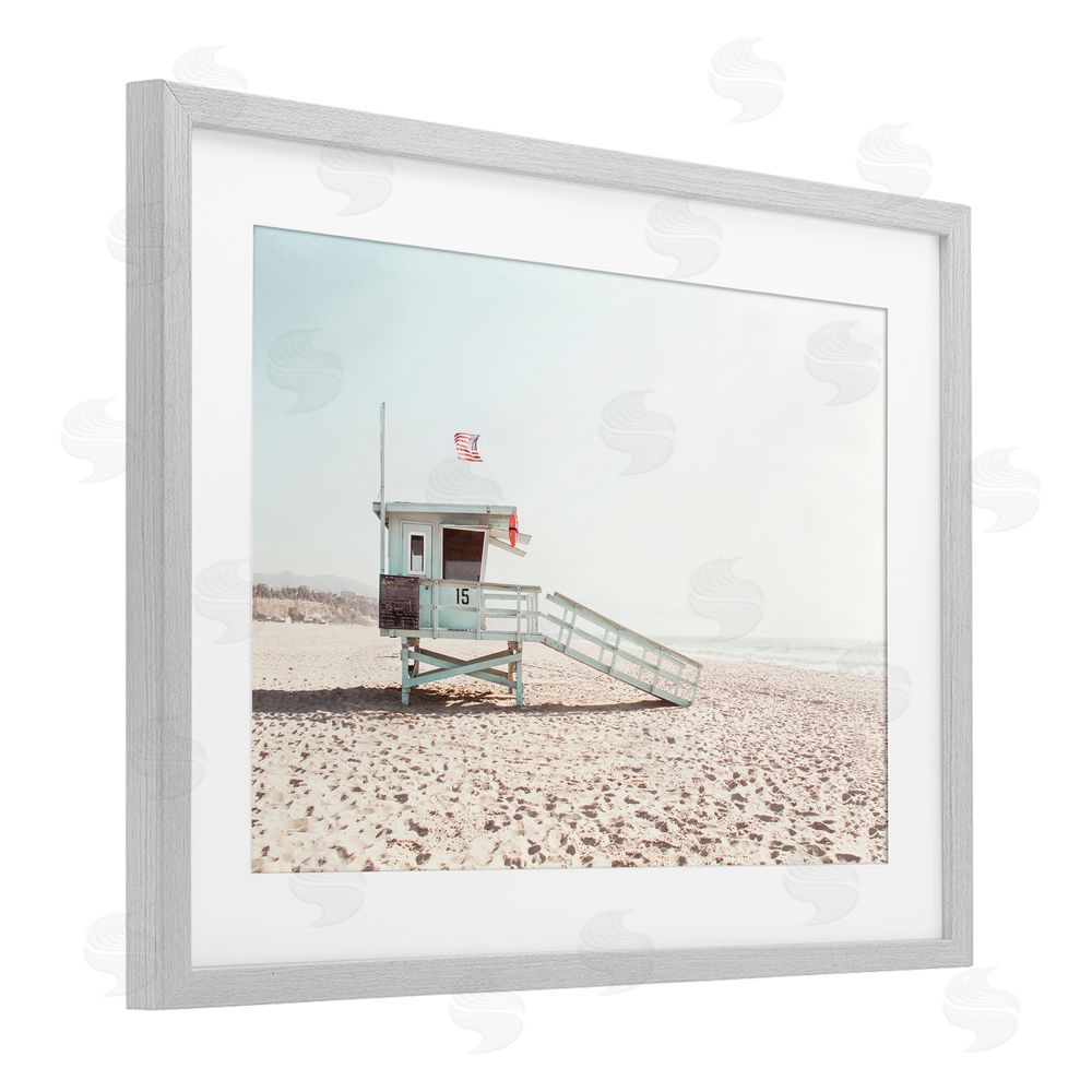 Sisi and Seb Lifeguard Hut Sunny Day Gray Framed Print Under Glass Wall Art