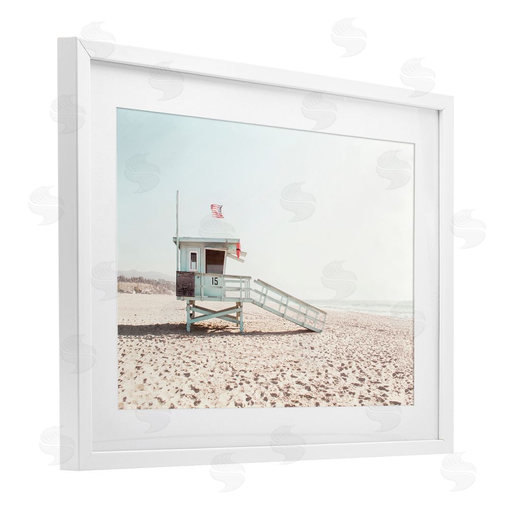 Sisi and Seb Lifeguard Hut Sunny Day White Framed Print Under Glass Wall Art