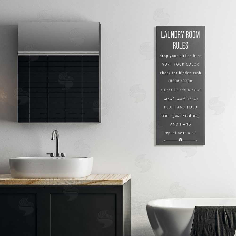 Julia Frost, Jenny Faw Grey Rules of Laundry Room Stretched Canvas Wall Art Print in Room