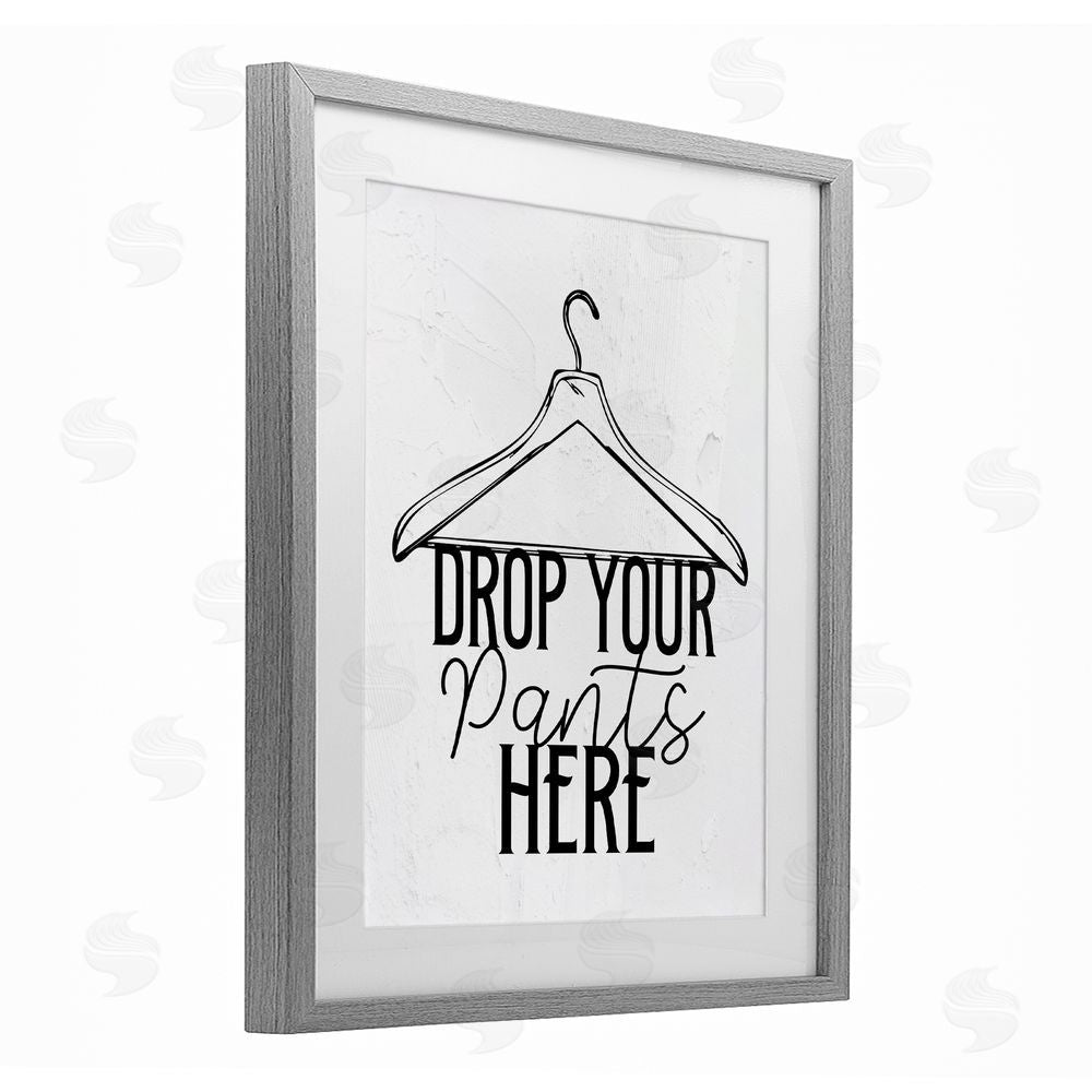 Kim Allen Drop Pants Here with Hanger Gray Framed Print Under Glass Wall Art