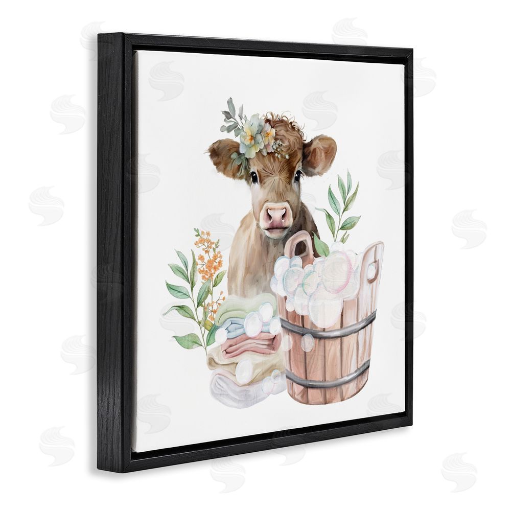 Kim Allen Laundry Day Baby Cow Black Floating Frame Canvas Wall Art Print