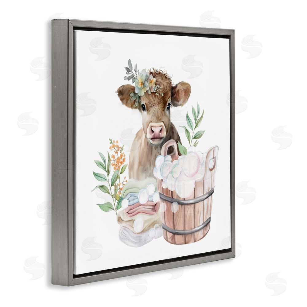 Kim Allen Laundry Day Baby Cow Gray Floating Frame Canvas Wall Art Print