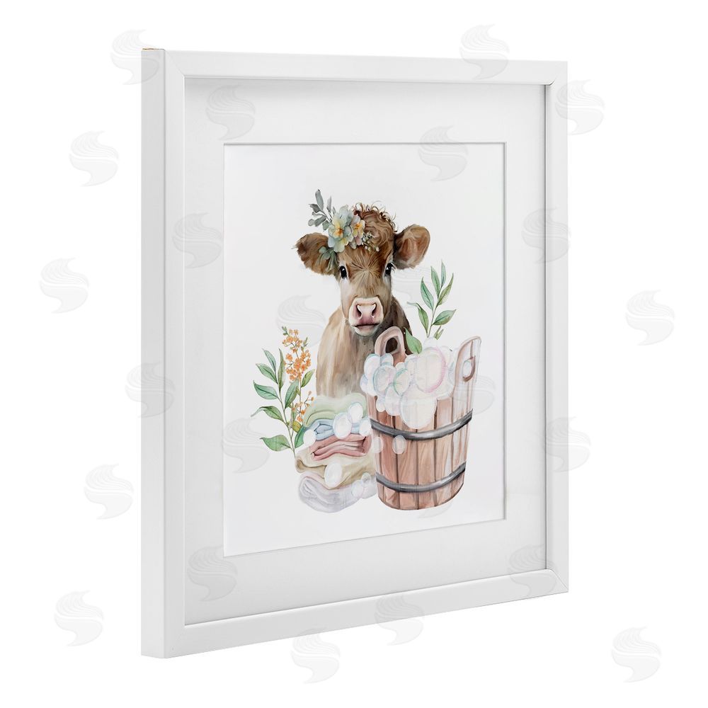 Kim Allen Laundry Day Baby Cow White Framed Print Under Glass Wall Art